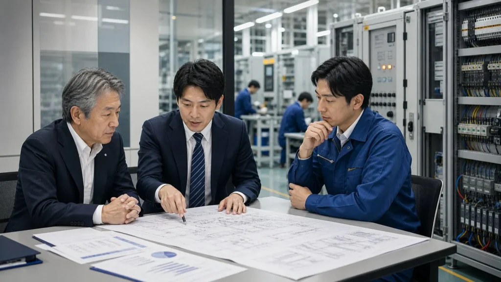 制御盤製作現場で図面を見ながら承継相談を行う経営者と担当者