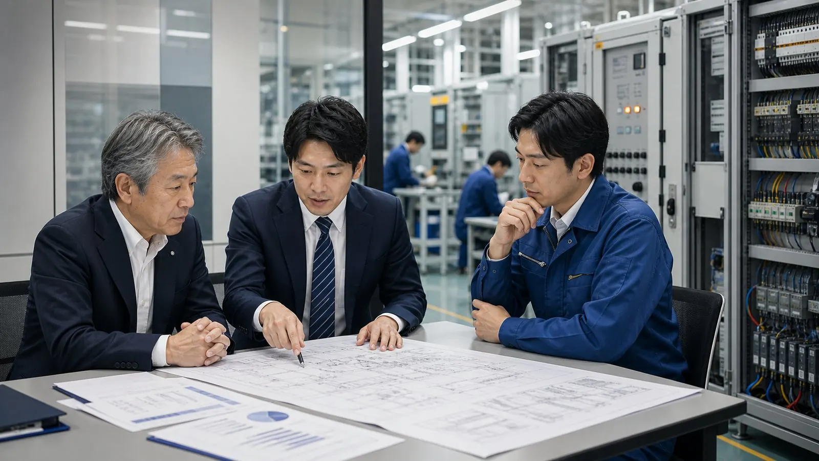 制御盤製作現場で図面を見ながら承継相談を行う経営者と担当者