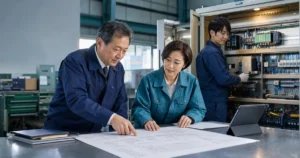 制御盤会社 M&Aの事業承継を工場で相談する経営者と技術者