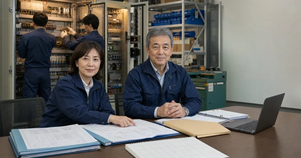 制御盤会社の売却準備の資料を工場で整理する経営者と担当者