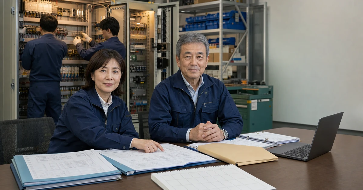 制御盤会社の売却準備の資料を工場で整理する経営者と担当者