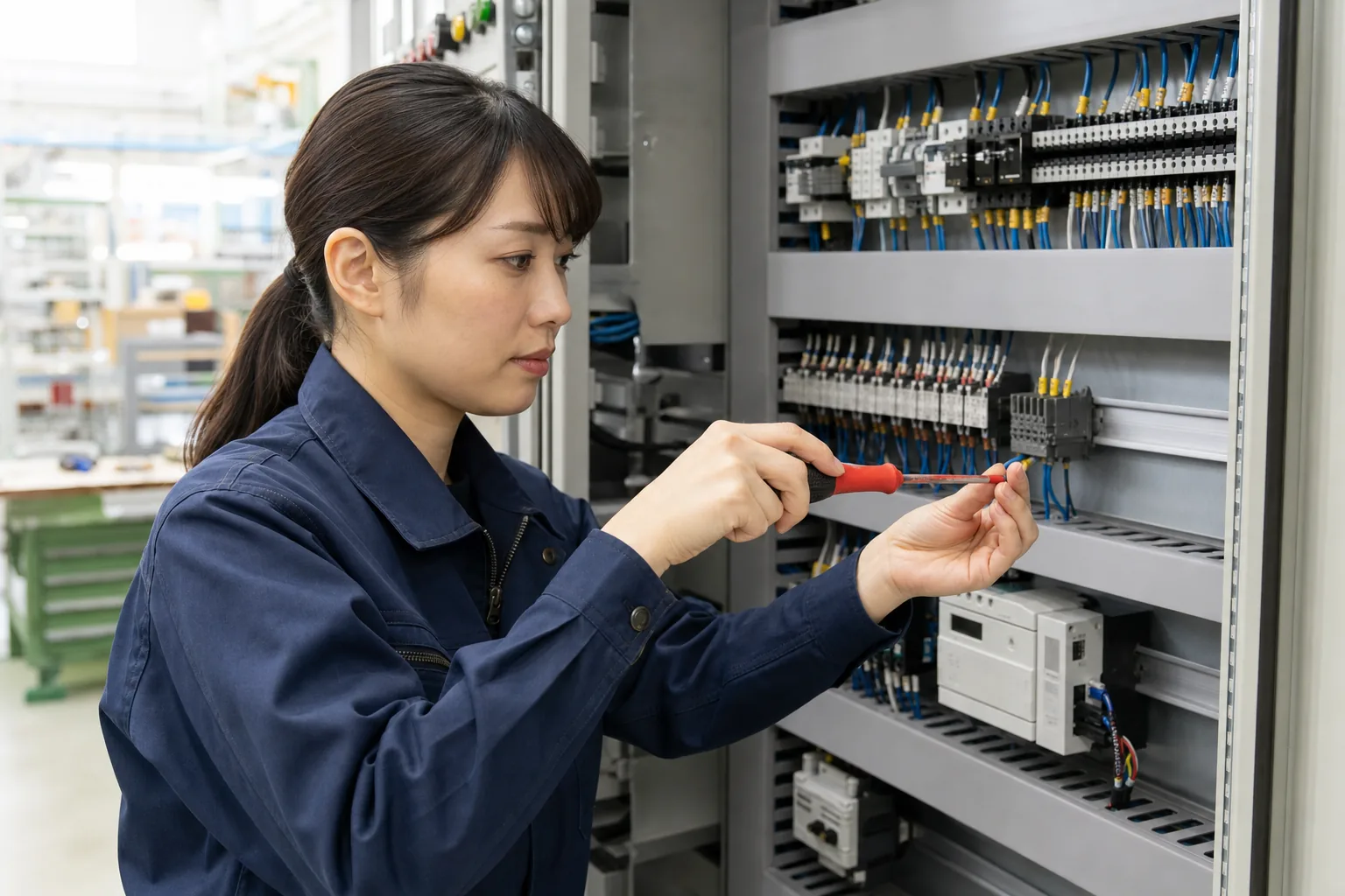 制御盤の端子台を配線する制御設計技術者