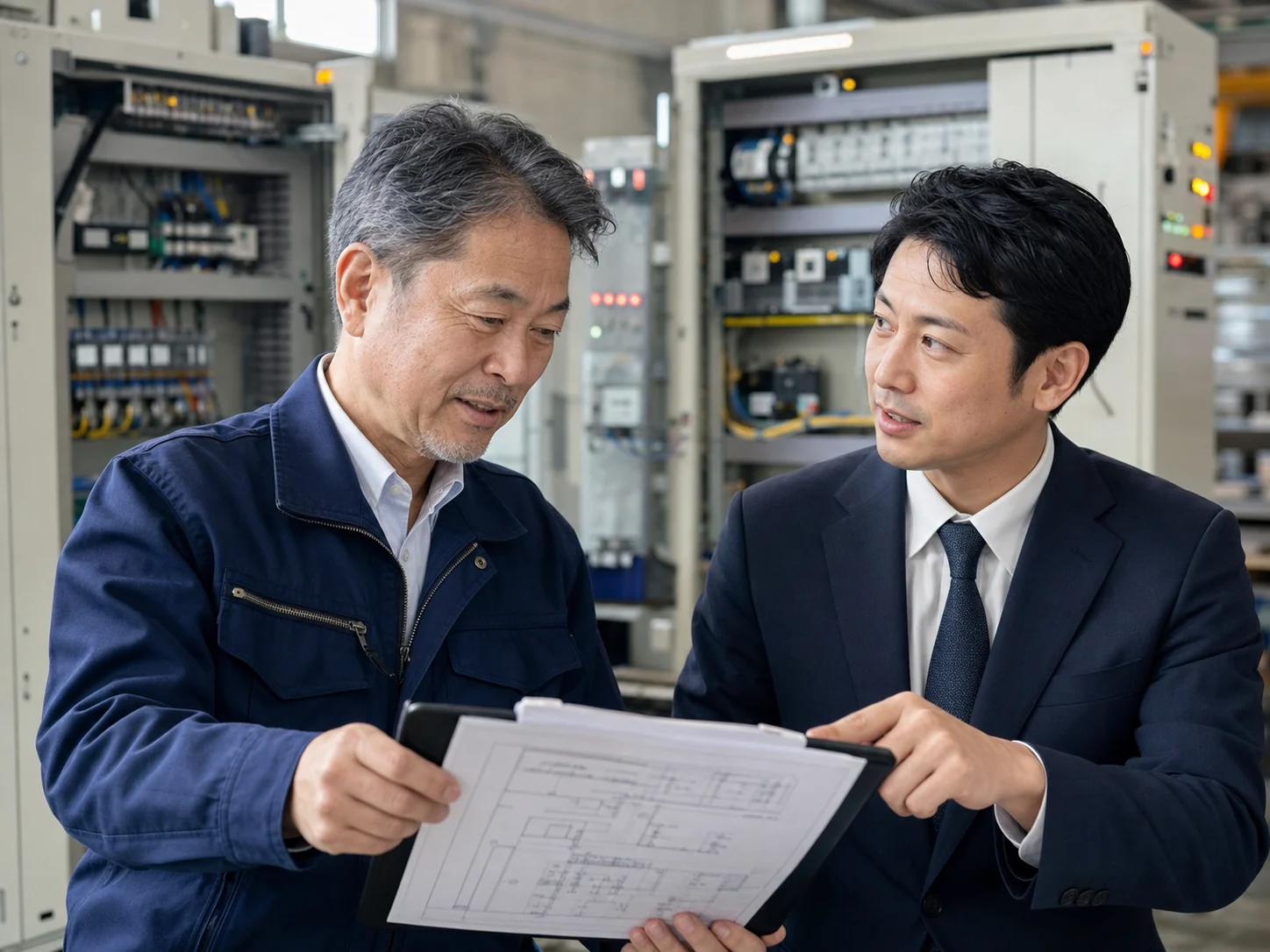 制御盤工場で図面を確認する経営者とM&Aアドバイザー