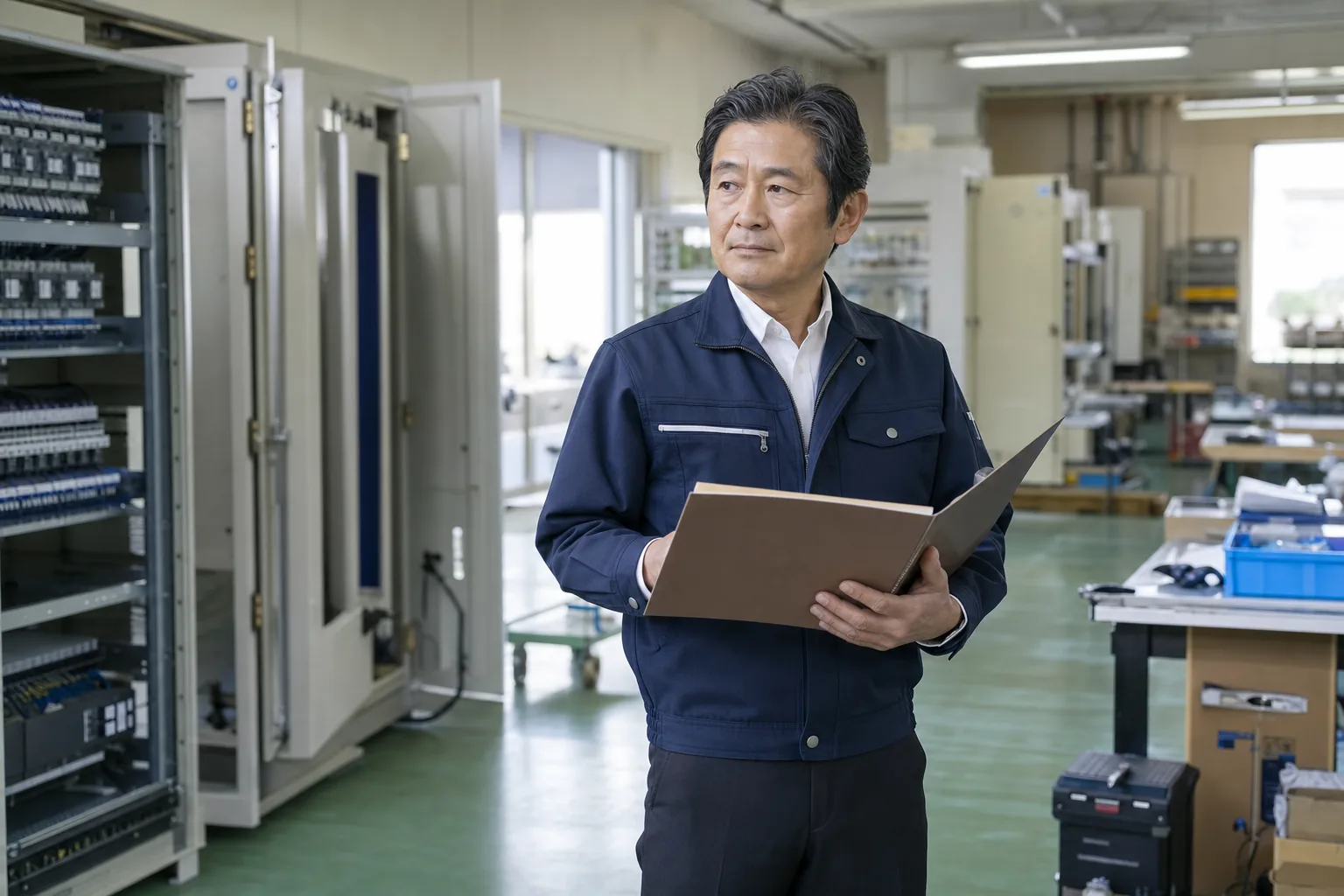 制御盤工場で事業承継計画を確認する経営者