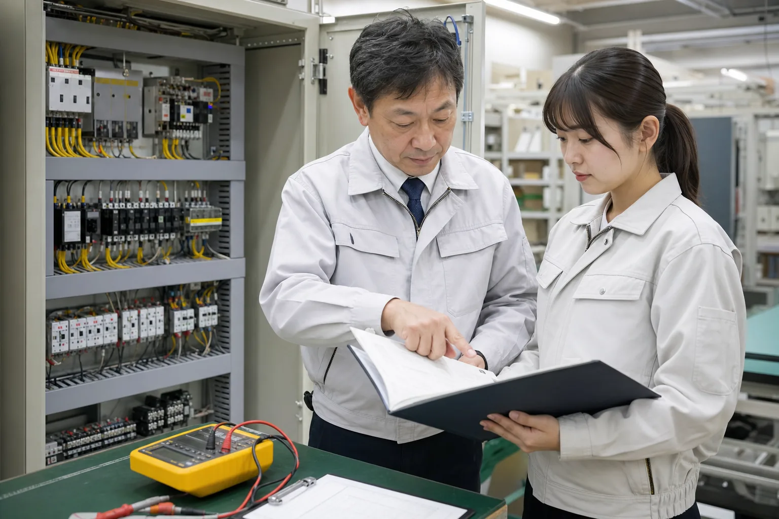 完成した制御盤の品質検査を行う技術者