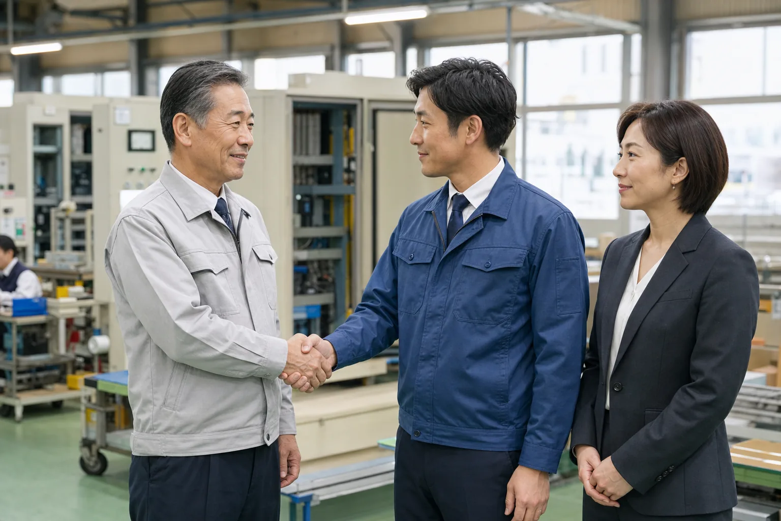制御盤工場で事業承継の合意を交わす経営者・後継者・M&Aアドバイザー